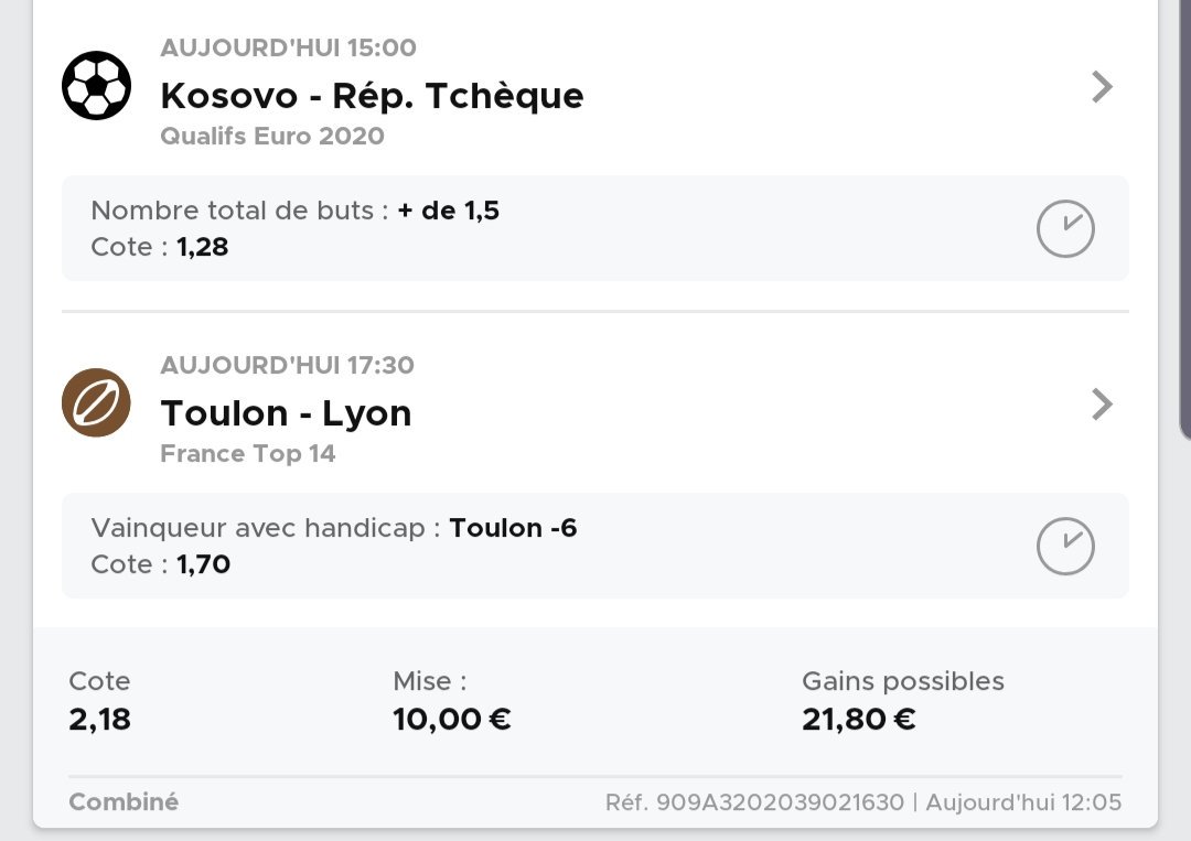 DupontdPronos's tweet photo. 🎩🎩 Dupont &amp; Dupond Pronos || #85

🏉 Toulon -6 (1.70) + ⚽️ +1.5b Kosovo v Rep. Tcheque (1.28) : 2.18@
▶️ Mise : 10.00€ (5.00% BK)

• Bankroll Initiale : 200.00€
• Bankroll Actuelle : 291.87€
• % Reussite : 61.45% (51/84)
• ROI : +10.87%

#TeamParieur
#JeDiraisMemePlus https://t.co/EhwOw5giWm