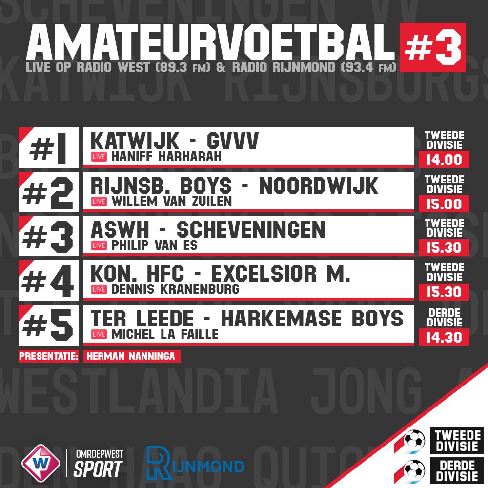 OmroepWestSport's tweet photo. โฝ | Zet je radio vanmiddag maar weer aan, want in Zuid-Holland Sport zijn we bij vijf LIVE voetbalwedstrijden! Vanaf 14.00 uur mis je niks op Radio West en Radio @RTV_Rijnmond!
#katgvv #rbbnoo #aswsch #hfcexm #terhar https://t.co/0gIAE8k2RS