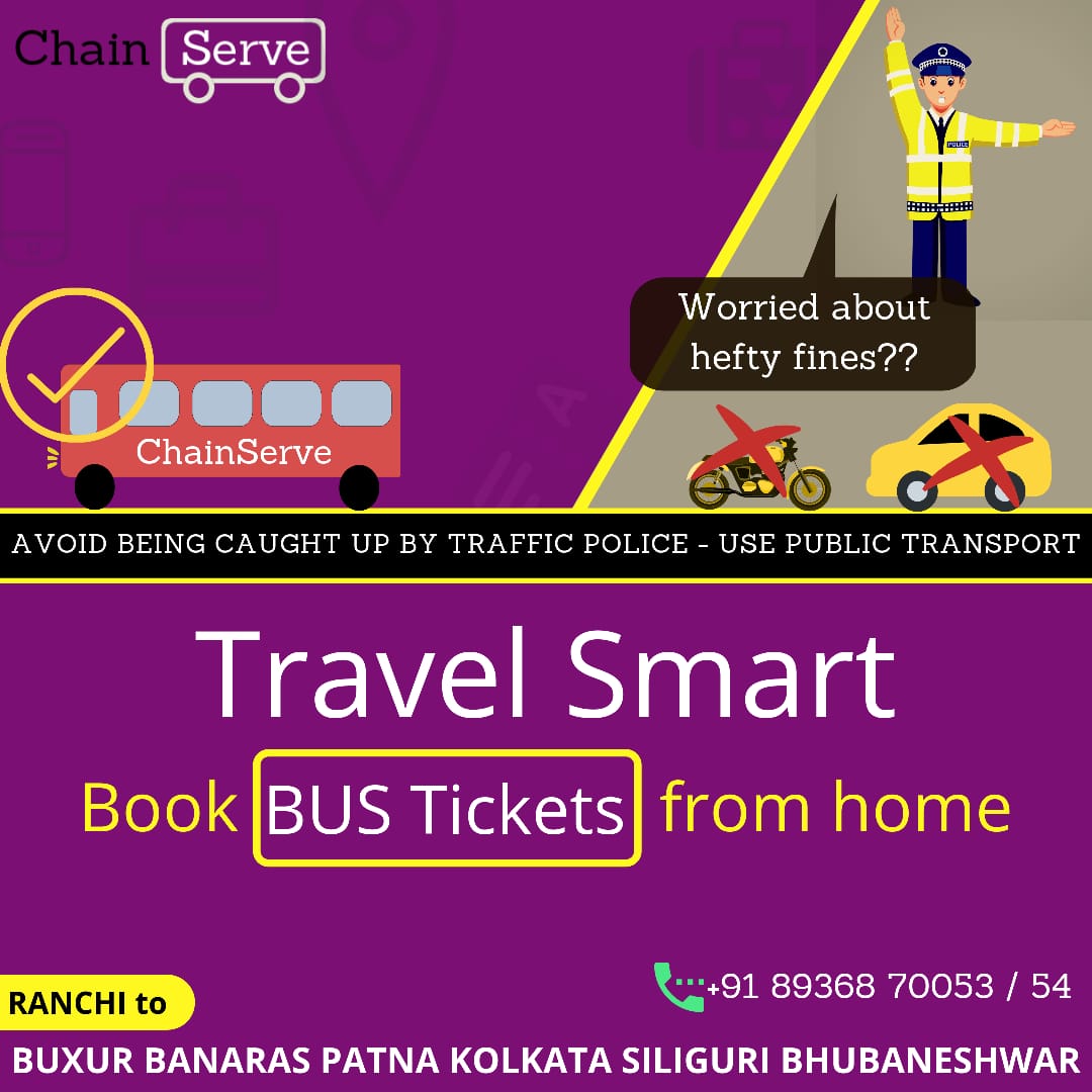 ChainServe's tweet image. Time to stop worrying about Traffic Fines.

Buses take up over 90% of public transport in Indian cities. Book a bus ticket and leave all your worries on ChainServe.

Call- 8936870053 / 54 to buy bus tickets in Ranchi.
#Ranchi #Bustickets #Onlinebusbooking #Publictransport