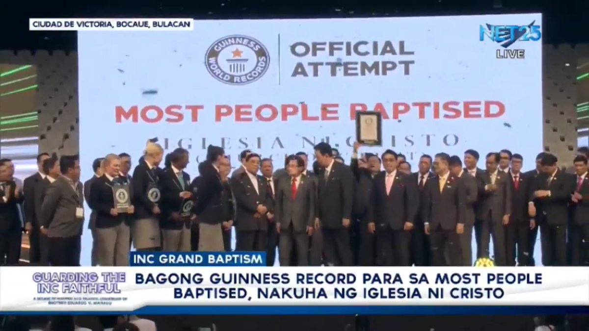 EleazarJade's tweet photo. BREAKING NEWS!

Nakuha ng IGLESIA NI CRISTO ang ika 25 na GUINNESS WORLD RECORD para sa MOST PEOPLE BAPTISED!

Official count: 18,272

Sa Diyos ang lahat ng kapurihan!

#INCGrandBaptism2019 #25thWorldRecord https://t.co/YqwNMxZxhS