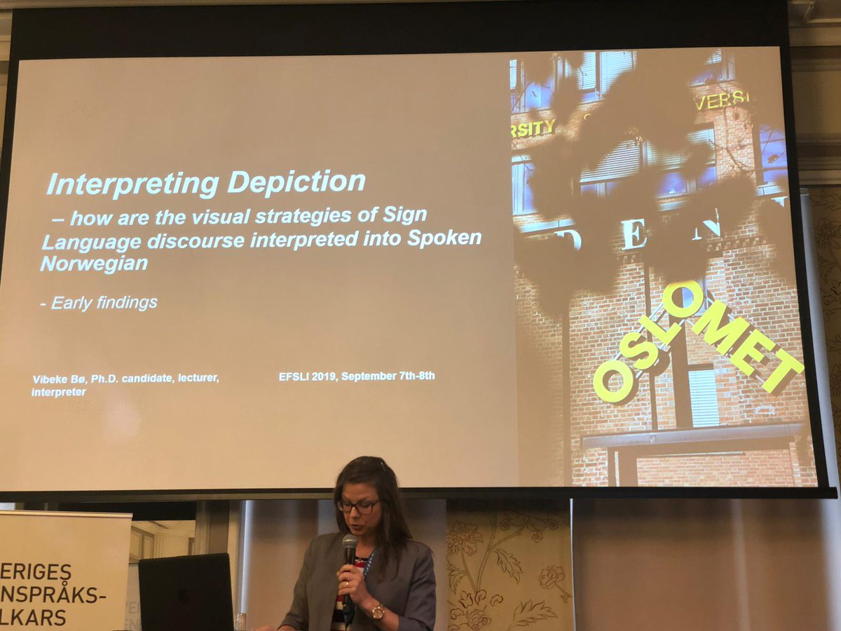 AIIC_SLN's tweet image. Next at #efsli2019 @VibekeBo presenting on early findings of her PhD research. "We use several resources when languaging, regardless of modality. Is is important for us as #1intSL to know what these are in order to use it in our interpretation." #letshaveafika #1ntSL @aiiconline