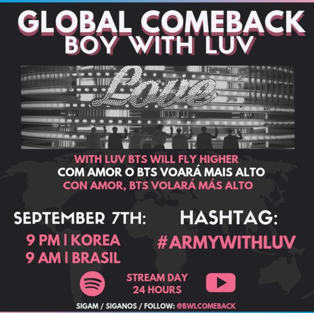 BTS_twt059's tweet photo. Ph ARMYS and Global ARMYs,
There will be mass streaming event happening today at 9pm KST (8PM PhST) for Boy With Luv MV on Youtube and Spotify. Let's give it a strike so we can keep BWL on the charts until next comeback. #InvitationWithLuv @BTS_twt
Project by : @BWLcomeback https://t.co/I6sAp264CG