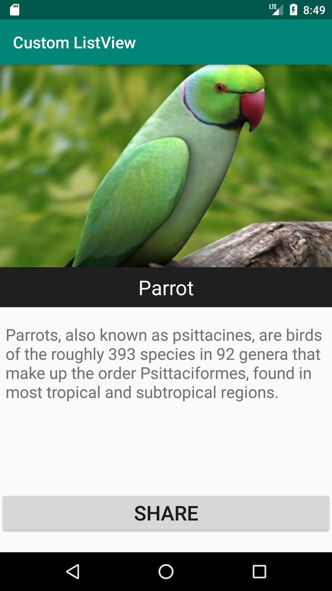 F_Saeedi11's tweet photo. last day we can designed our own #interface and comleted it by this #interface we can give some information adout #type of #animals and used from #ListView ,#ArrayAdapter ,#ArrayList ,#TextView  and #ImageView for design of this interface @CodeToInspire #AfghanGirlsCode #Android https://t.co/RPpFrkFDLC