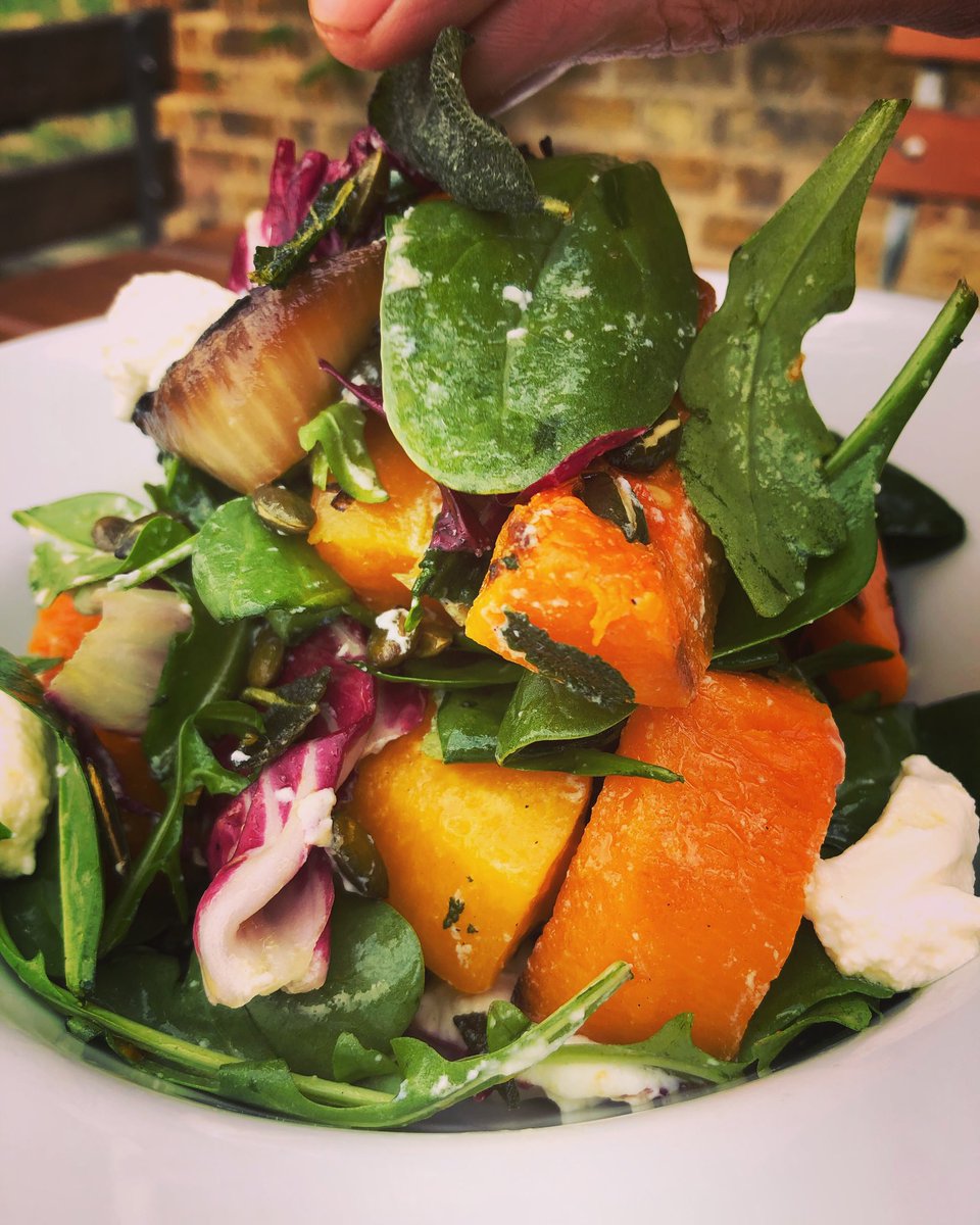 New dish...roasted pumpkin and charred onion salad with homemade ricotta, crispy sage and toasted pumpkin seeds. Available as as starter or a main. Seasons are on the change.