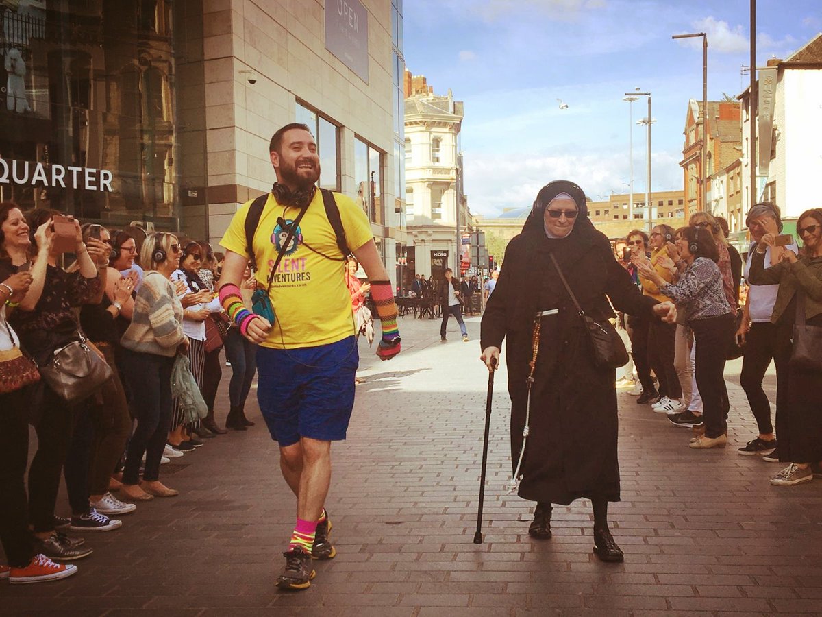Never a dull moment on a Silent Adventures! Today, our flash mob catwalk was fabulously gatecrashed by Liverpool icon, Sister Renate! #YesShesARealNun #SisterAct #BackInTheHabit #ThingsToDoInLiverpool #IWannaDanceWithSomebody #IWillFollowHim #HelloYellow
