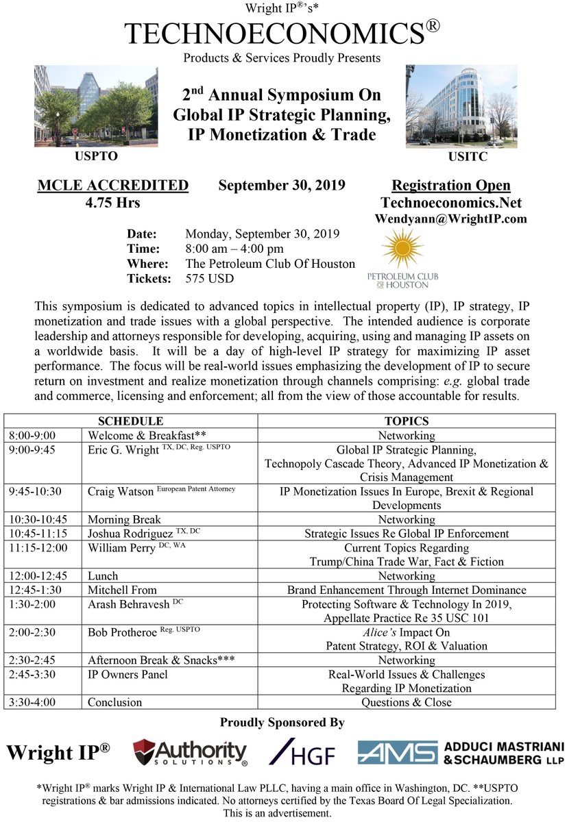 Wright_IP's tweet photo. Technoeconomics ® News: Registration Now Open for 2nd AnnualSymposium On Global IP Strategic Planning & Trade. Eric G. Wright of Wright IP to discuss IP Monetization #technoeconomics #brand #IP #patent #trademark #copyright #news #IPR #USITC #wrightip #ericwright #uspto #ITC https://t.co/dbX1tql19s