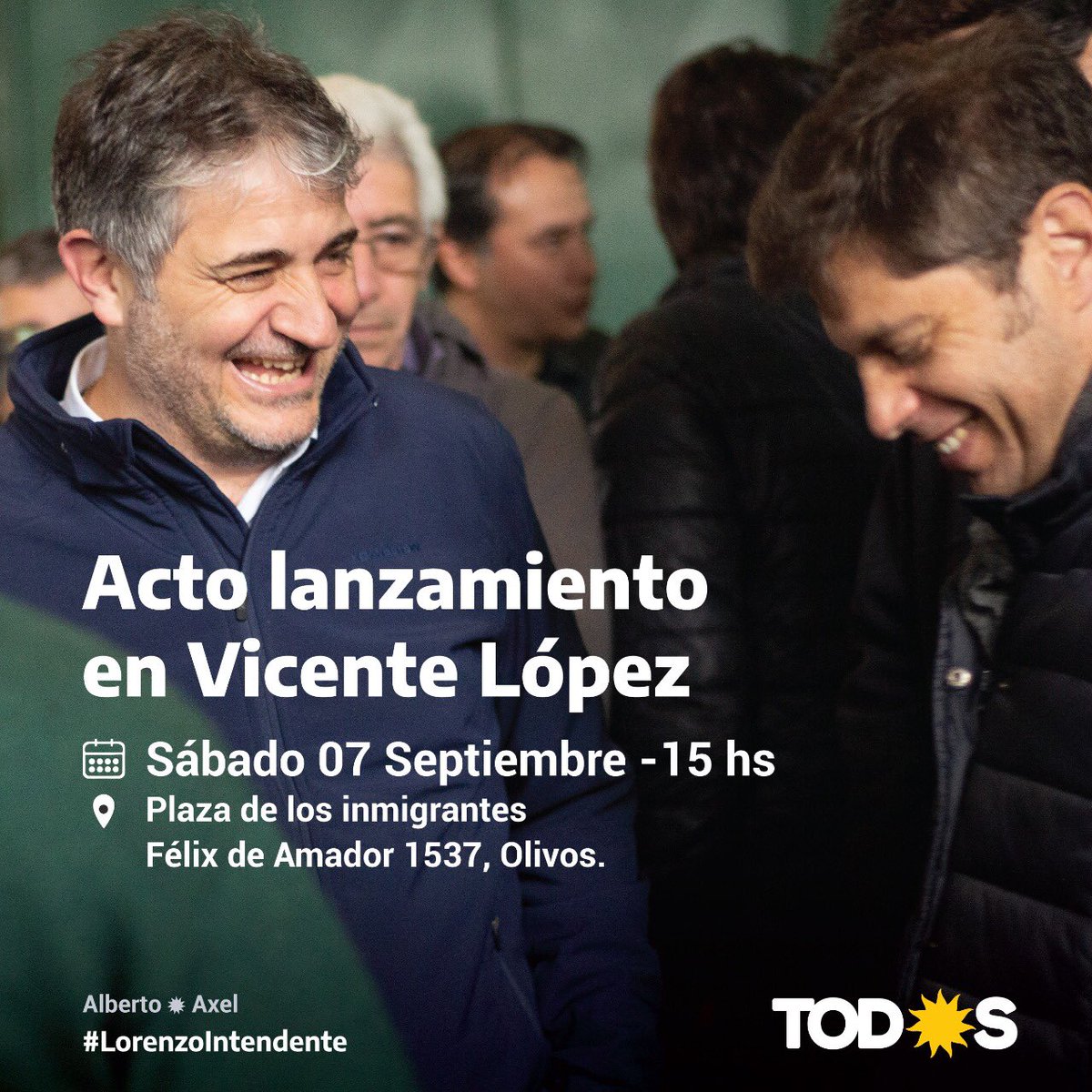 FrenteDeTodosVL's tweet photo. H☀️Y!!

Te invitamos al acto de lanzamiento de campaña.

Te esperamos en:

🗺 Plaza de los Inmigrantes (Félix de amador 1537, Olivos)
⏰ 15Hs

#Podemos
#LorenzoIntendente https://t.co/dJkBf4iplu