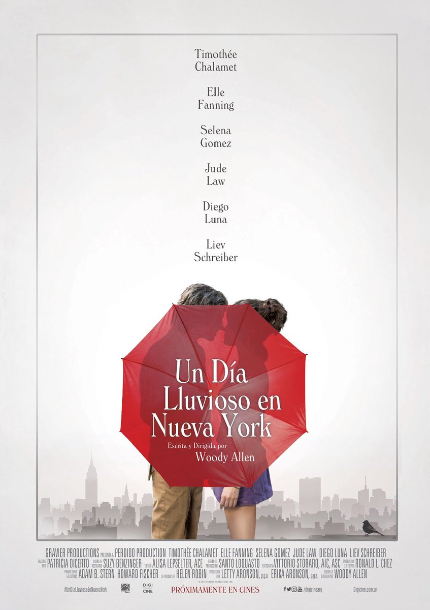 dlerer's tweet photo. La nueva película de Woody Allen, UN DÍA LLUVIOSO EN NUEVA YORK, se estrenará en Argentina el 31 de octubre. La protagonizan Timothée Chalamet, Elle Fanning, Selena Gomez, Jude Law, Diego Luna y Liev Schreiber. https://t.co/m4m6QBJQC7