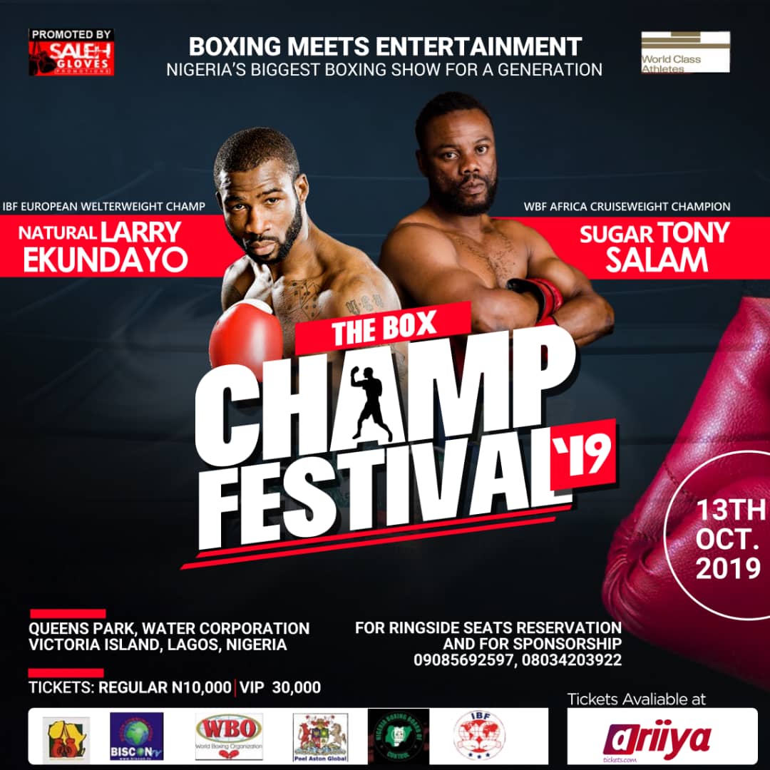 #theboxchampfestival
#tonysalam #larryekundayo #salehglovespromotions #worldclassathletes #peelastonglobal #ariiya #biscon #wbo #ibf #nbbofc #wabu #lagosstate  #puttingnigeriaontheworldmap #lagos #nigeria #boxingnigeria #boxingafrica #worldboxing @SundayDareSD