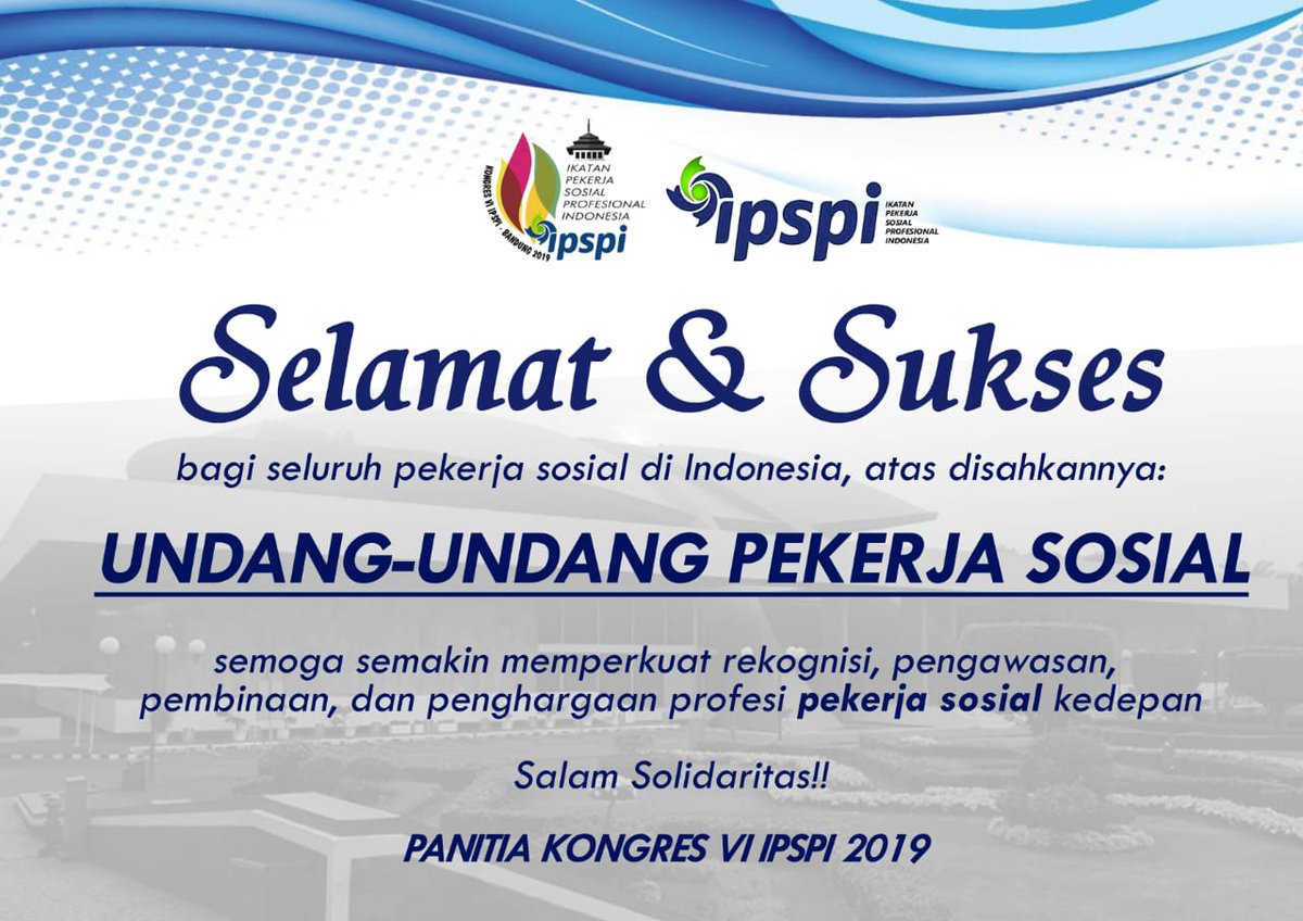 Selamat dan sukses bagi seluruh Pekerja Sosial di Indonesia, atas disahkannya Undang Undang Pekerja Sosial.

Semoga semakin memperkuat rekognisi, pengawasan, pembinaan, dan penghargaan bagi pekerja sosial

Salam Solidaritas