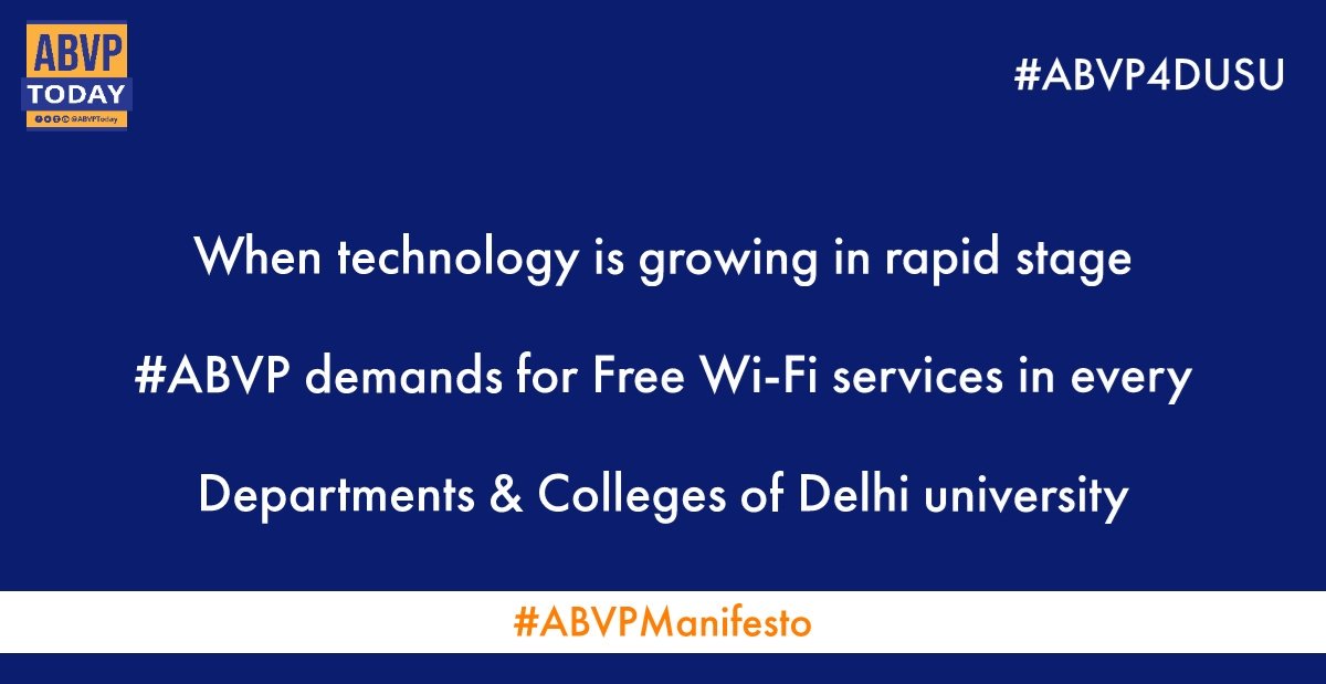ABVPToday's tweet photo. When technology is growing in rapid stage #ABVP demands for Free Wi‐Fi services in every Departments &amp; Colleges of Delhi university
#ABVPManifesto #ABVP4DUSU https://t.co/cXR97llrrz
