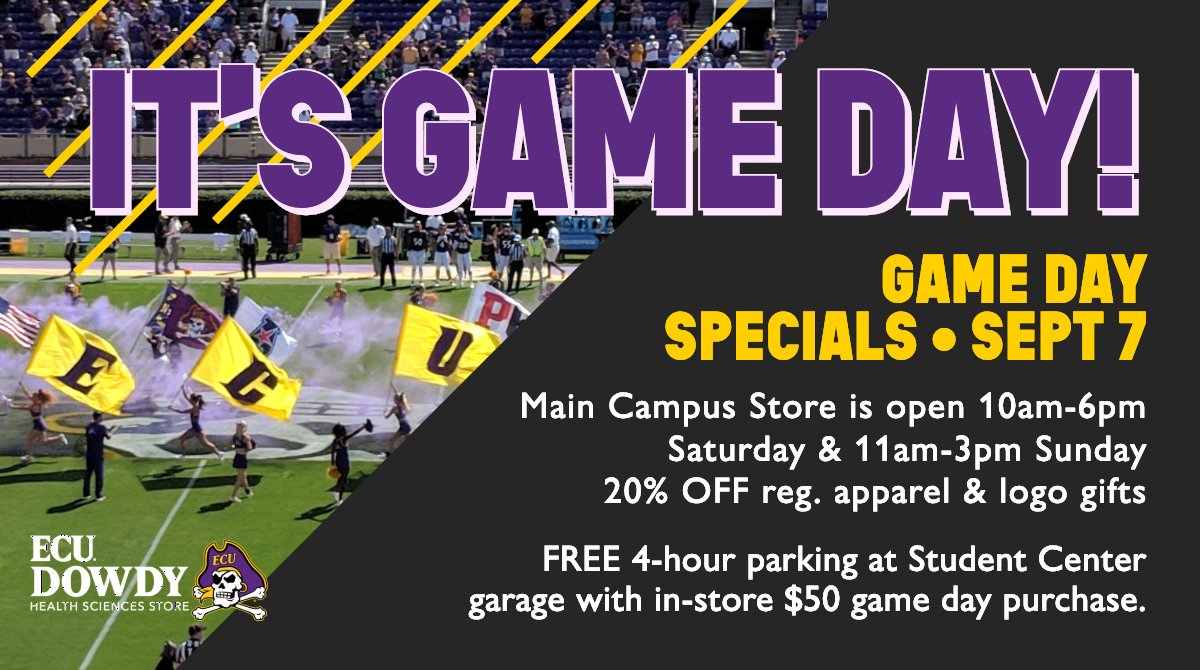 ECUDowdy's tweet photo. Get up &amp; get in gear Pirates! It's GAME DAY! ☠️🏈  Dowdy's main campus store open 10a-6p w/20% off reg clothing &amp; logo merch incl tailgate accessories! #ECU #GoPirates #PirateNation @ECUPiratesFB #ECUSPC #MingesManiacs #ECU23 #ECU22 #ECU21 #ECU20 #ECUGrad #PirateAlumni https://t.co/e9A05NsfsW
