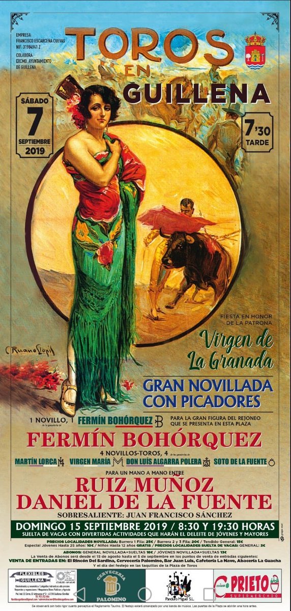 Guillena hoy feria de la Virgen de la Granada una muy interesante novillada mixta con reses de <a href="/FermnBohorquez/">Fermín Bohórquez</a>, Martín Lorca, <a href="/ToroVirgenMaria/">Toros Virgen María</a>, <a href="/Luis_Algarra/">GANADERÍA LUIS ALGARRA POLERA</a> y <a href="/Sotodlafuente/">Soto de la fuente</a>
para <a href="/FermnBohorquez/">Fermín Bohórquez</a> y a pie <a href="/InfoJoseRuiz/">Info Ruiz Muñoz</a> y <a href="/danieldlff/">Daniel de la Fuente</a> de la Fuente "Liqui" <a href="/portaltaurino/">Portal Taurino</a>