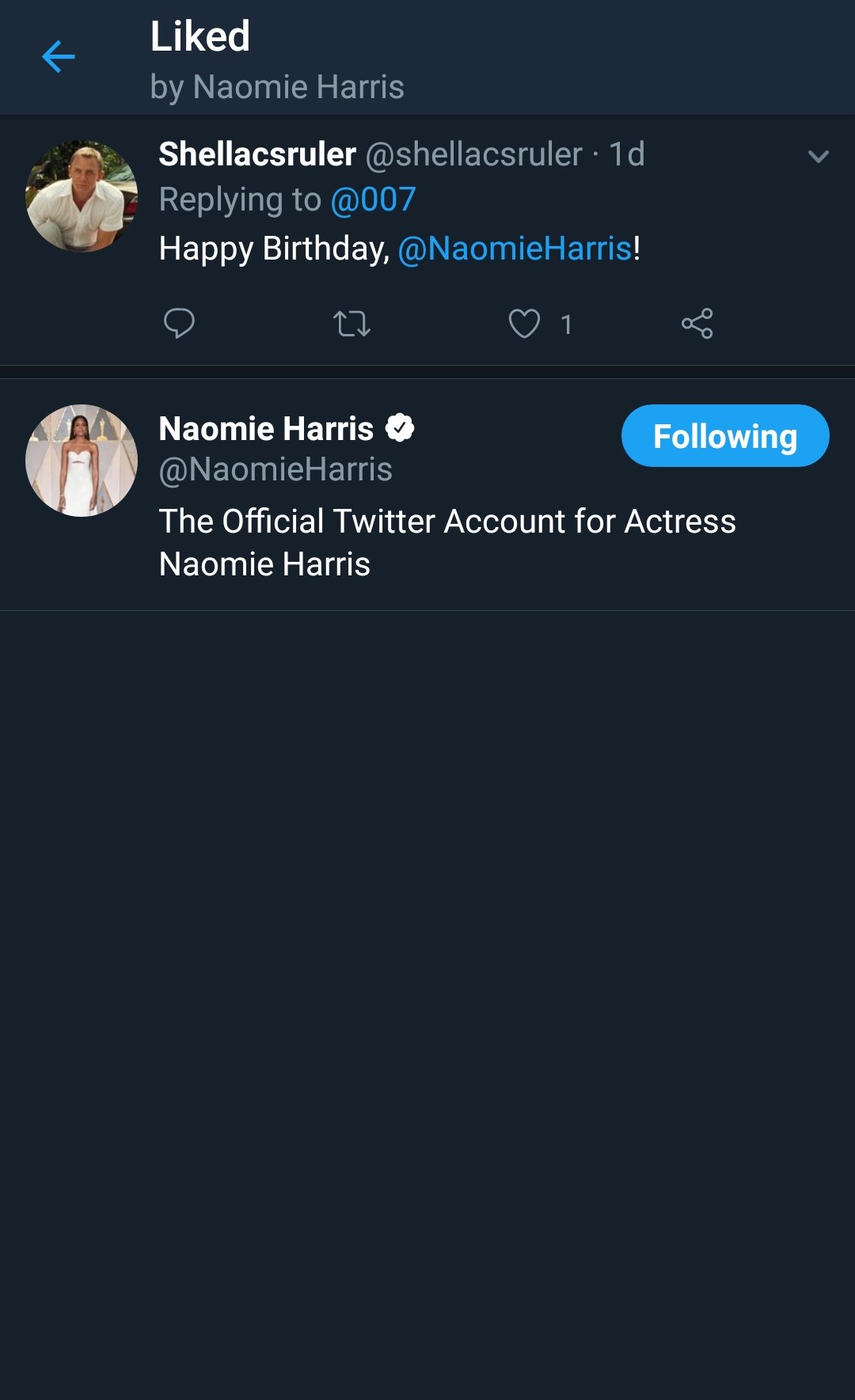 Omfg Naomie Harris liked my message wishing her a happy birthday!! My day has been made. 