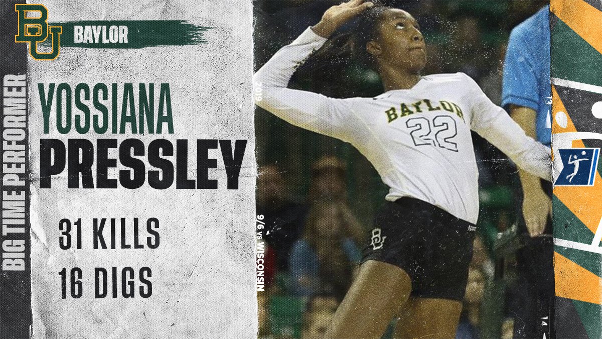 GO OFF YOSSI 😮😮😮

Yossiana Pressley tallied her first double double of the season with 3️⃣1️⃣ kills and 1️⃣6️⃣ digs in No. 17 <a href="/BaylorVBall/">Baylor Volleyball</a>’s 3-1 upset of No. 4 Wisconsin.

#NCAAVB