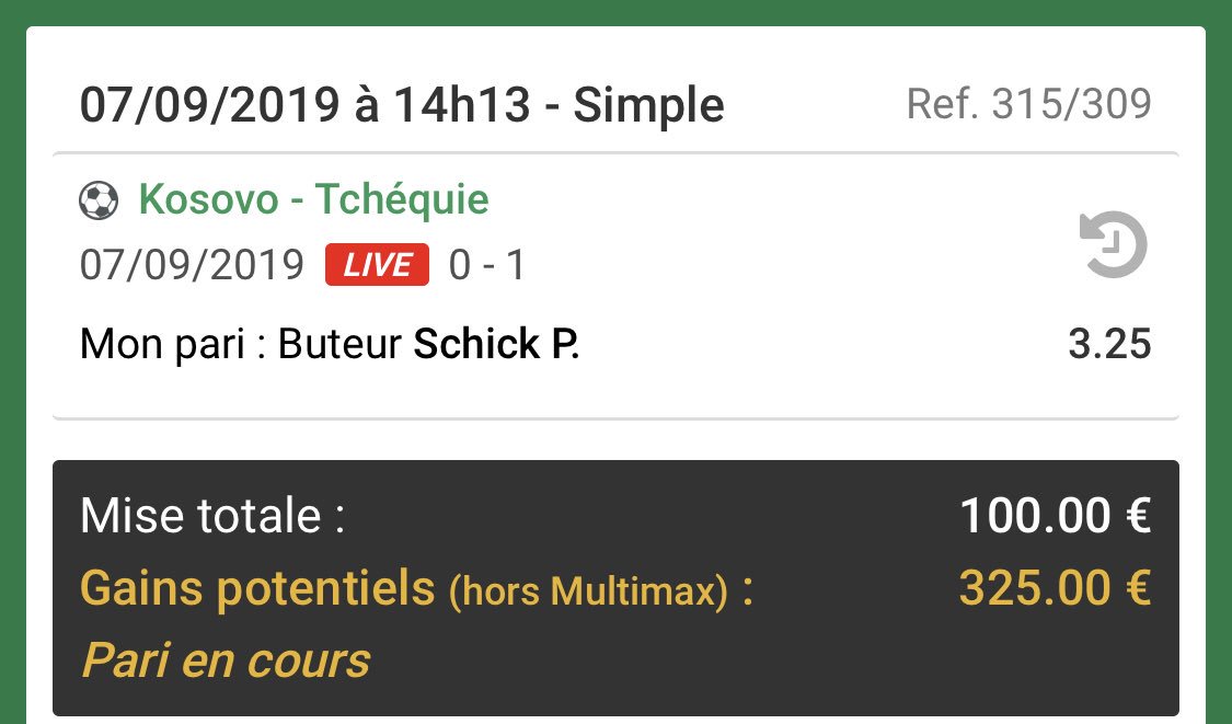 BoozPronos's tweet image. Et voilà la famax 🤑🤑🤑

Il aura fallu 15 minutes pour encaisser et faire passer une cote à 3 pour la 3ème fois en 3 jours !!!

Jeudi : Pukki 2.85 ✔️
Vendredi : Dzyuba 3.00 ✔️
Samedi : Schick 3.25 ✔️

500 RT &amp;amp; ❤️ sur ce post et j'essaye de vous trouver un BU pour ce soir