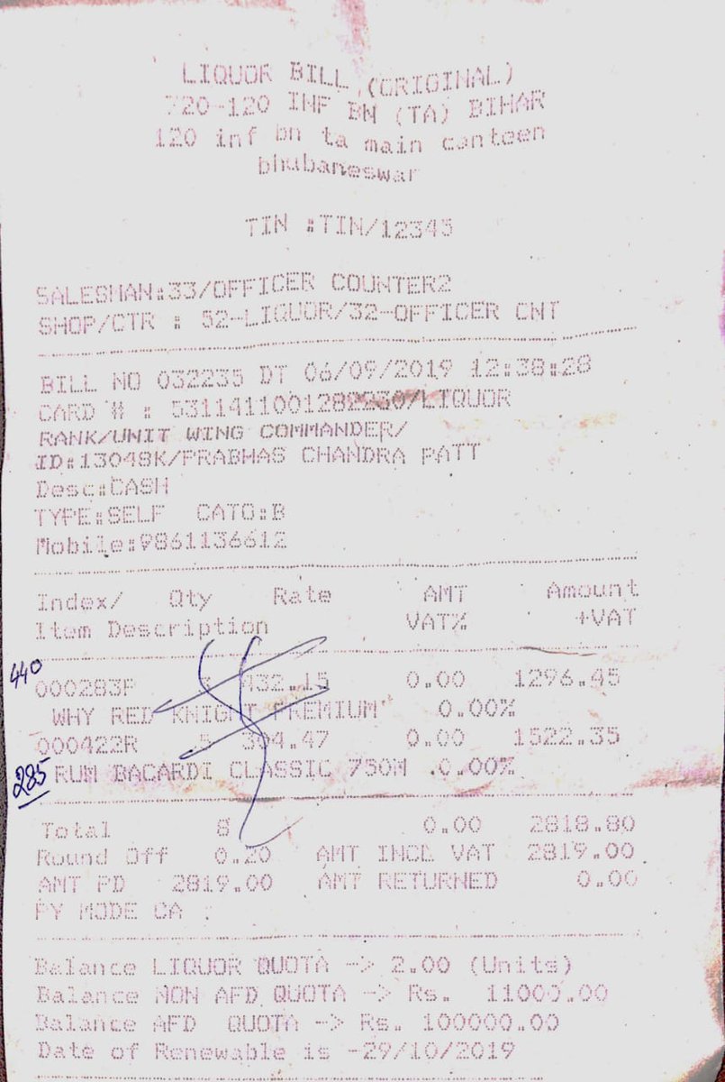 BDNveteranIN's tweet photo. #CorruptPractice in #CSD Canteen inside 120 TA BN BHUBANESWAR.
The CSD Canteen inside 120 TA BN BHUBASNESWAR billing more than the MRP.
The liquor bottle & the bill posted here as an evidence. https://t.co/w82YuCnVuE