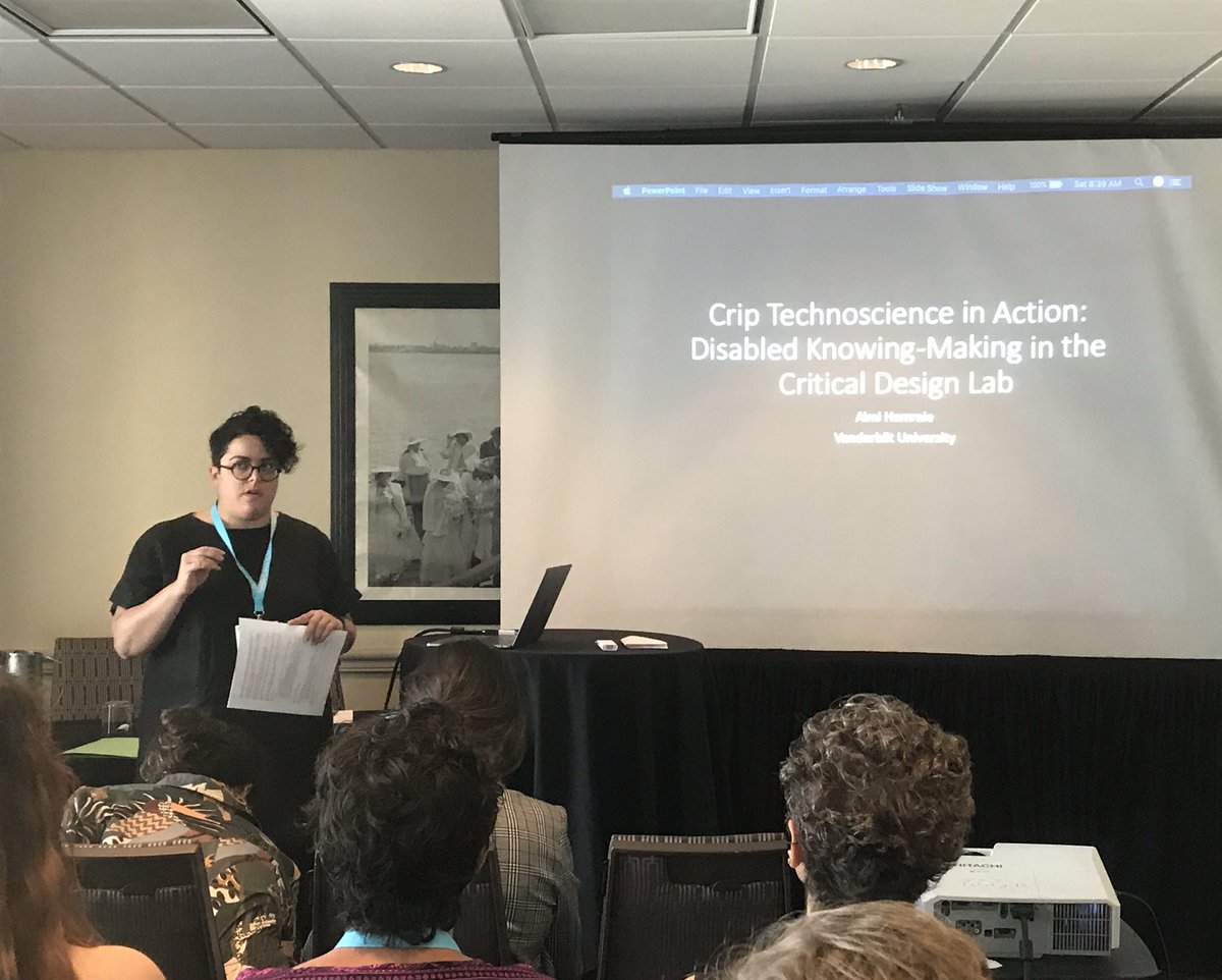 mesahinol's tweet image. So happy to be #4S2019 @AimiHamraie is talking about #CripTechnoscience as experimental practices as knowing making...  #criticaldesign