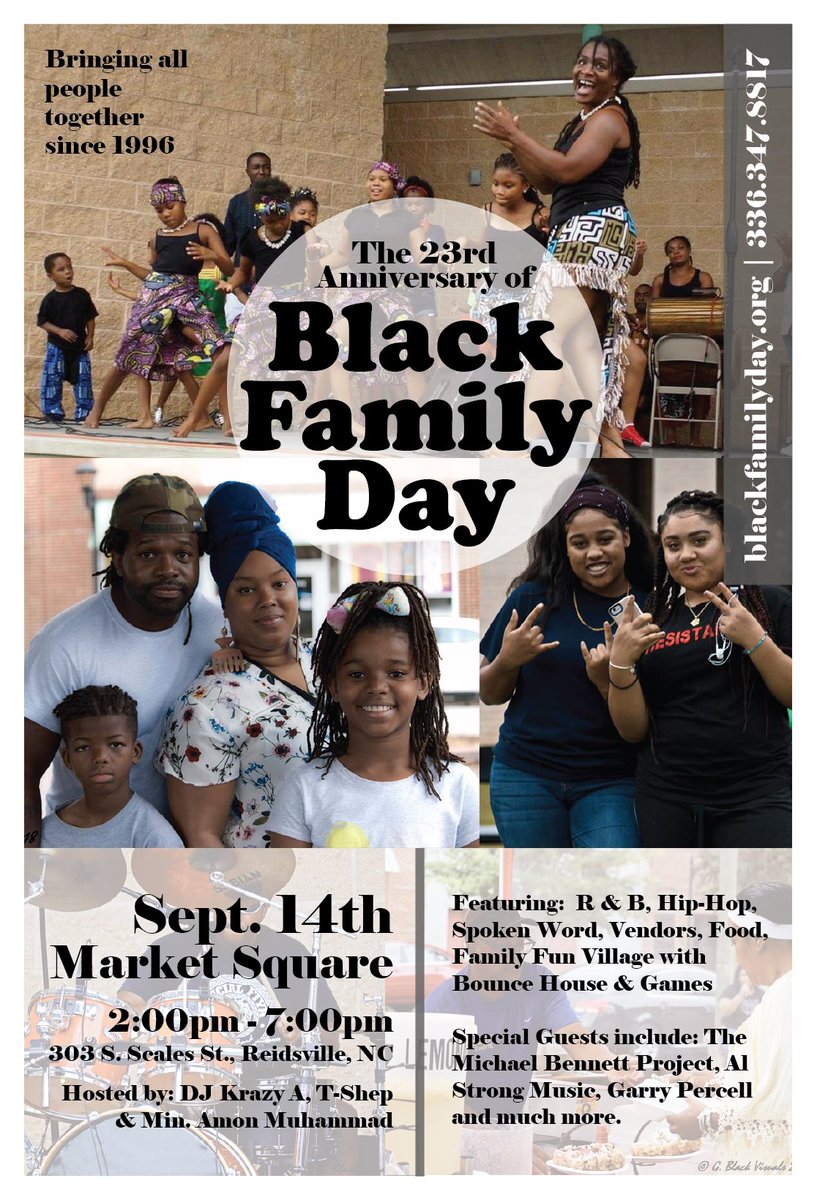 🚨The 23rd Anniversary of Black Family Day in NC​ is Sat, Sep 14th in Market Square, #ReidsvilleNC​. 

💳Support --> bit.ly/BFD2019 or $BrotherAmon [CashApp]

 #BlackTwitter #BlackDollarsMatter #BlackLoveMatters #BlackBoyJoy #BlackGirlMagic #BuyBlack #BlackFamilyDay