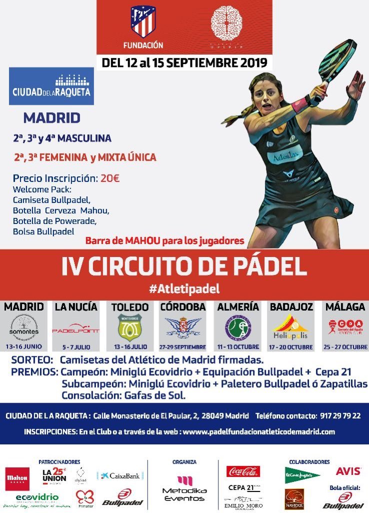 infoatleti's tweet photo. Del 12 al 15 de septiembre se celebrará el IV Circuito de Pádel de la Fundación Atlético de Madrid en @ciudadraqueta. La inscripción se destinará íntegra a la @FundacionQuerer que ayuda a niños con necesidades neuronales.
Inscríbete aquí 👉 https://t.co/YDKkOJomFG
#Atletipadel https://t.co/SDDUNc1uIp