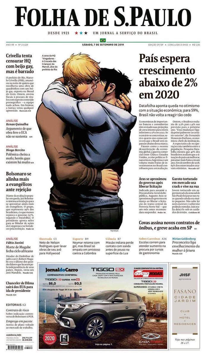 El alcalde de Río de Janeiro, el pastor evangélico Marcelo Crivella, intentó censurar un cómic en la Bienal Internacional del Libro de esa ciudad por contener un beso entre dos adolescentes homosexuales. Hoy, el diario Folha lo hizo tapa. A la censura retrógrada, visibilización.