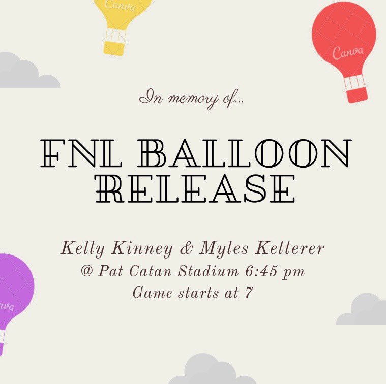 sville2020's tweet photo. ❗️❕ ATTENTION SHS ❕❗️
THERE WILL BE A BALLOON RELEASE IN THE STUDENT SECTION 15 MINUTES BEFORE THE GAME TO HONOR THE LIVES OF MYLES KETTERER AND KELLY KINNEY!! Please be in the student section by 6:45 on 9/13 at our first home game and wear purple, YELLOW, and red. https://t.co/avmvWS9q6x