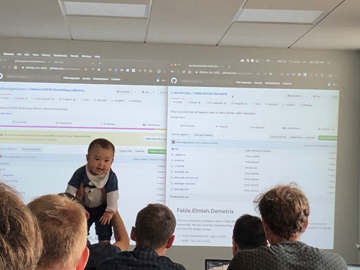 dplattsf's tweet photo. Happy to be releasing a small part of our @FableCompiler code into the wild with @alfonsogcnunez (code is on the rhs not held aloft). #fableconf https://t.co/Bl6HUFPknO