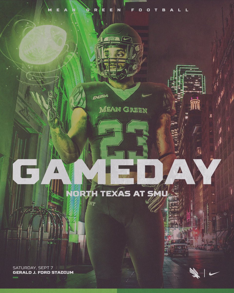 MeanGreenFB's tweet photo. It's #GAMEDAY, #MeanGreen fans! #BeatSMU #GMG #UNiTeNorthTexas #PaintDallasGreen
 
⌚️: 6 p.m. CT kickoff
📍: Gerald J. Ford Stadium
📺: @espn 3
📻: @MGSNetwork
📊: https://t.co/PJJBrqsEwn https://t.co/0LtJLoh2F8