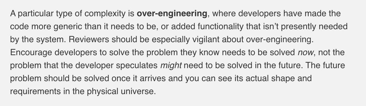 sawyerh's tweet photo. Great advice on avoiding over-engineering, making code more generic than it needs to be. From Google's "How to do a code review" ↝ https://t.co/02bl4LaRtl https://t.co/MzHQGj9KxU