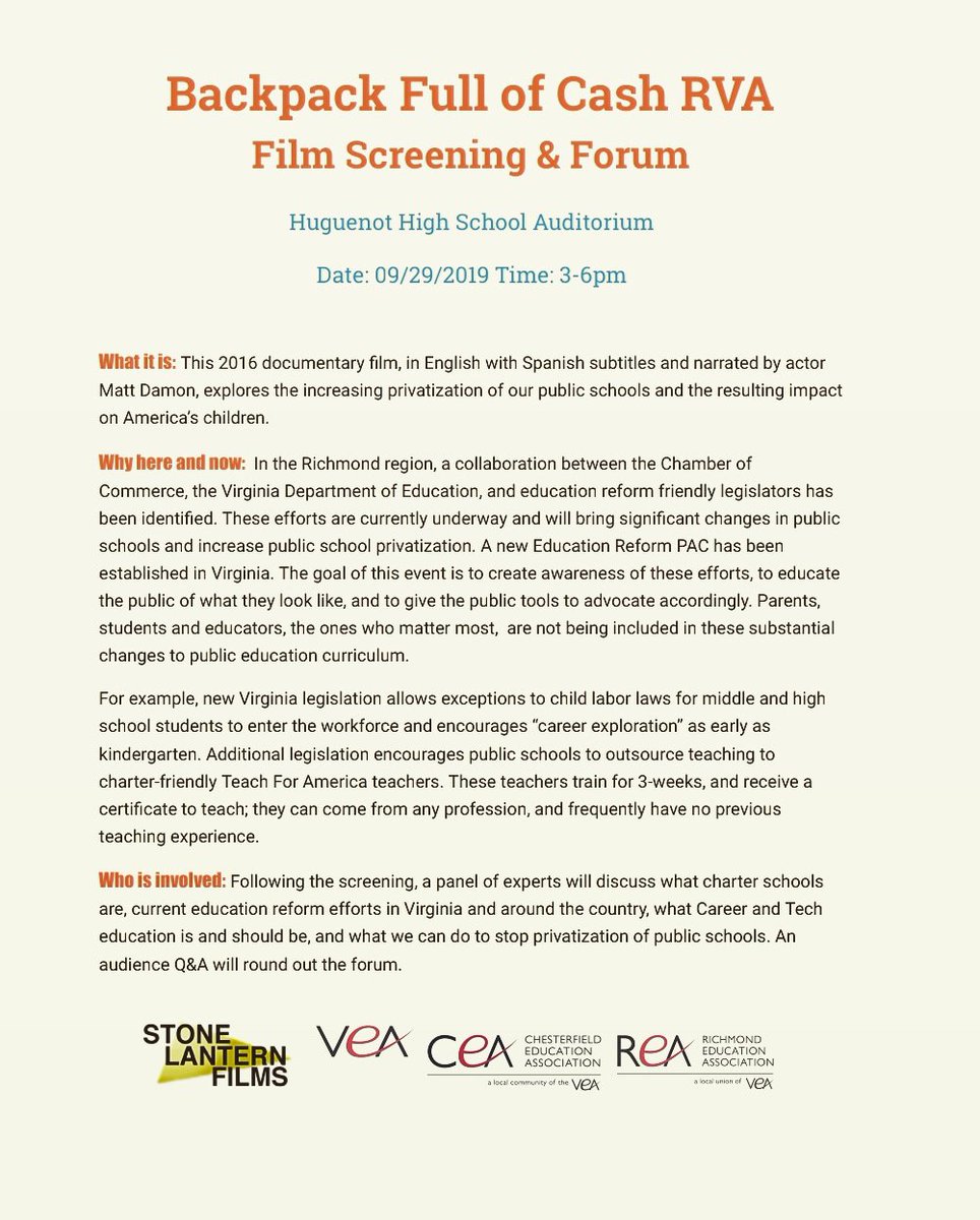 ChesterfieldEa's tweet photo. @ChesterfieldEa members &amp; friends, join us (9/29/19), #VEA4Kids and RVA Union sisters &amp; brothers for a documentary screening and panel discussion. #StrongPublicSchools2020 #FundOurFuture #StickWithTheUnion https://t.co/865aOgIJzF