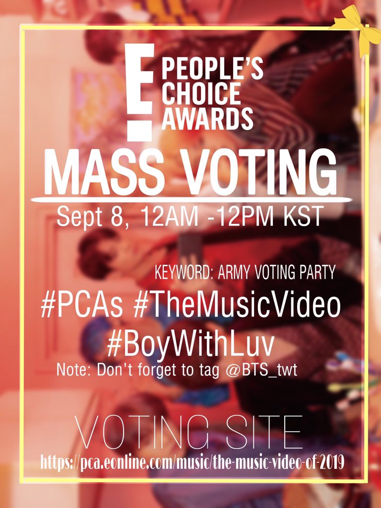 bts_pk_galaxy's tweet photo. ⚔️ PCAs SUPRISED MASSIVE VOTING ⚔️

Since we are loosing The Music Video category let’s have a surprise massive attack 🔥

⏰ Sept 8 | 12AM KST - 12PM KST

Use 🔑: ARMY VOTING PARTY

Tag your fanbases/friends to join us 💜 
➝ #PCAs + #BoyWithLuv + #TheMusicVideo + (@BTS_twt) https://t.co/cURyZeaYvl
