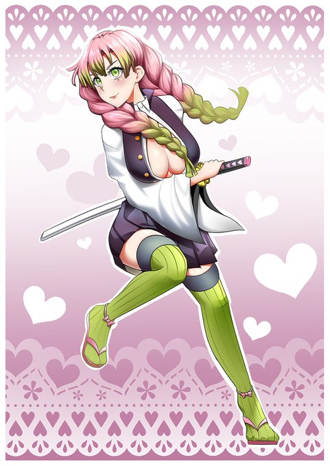 StupidLimeさんがTwitterに投稿した甘露寺蜜璃(鬼滅の刃)のイラスト。