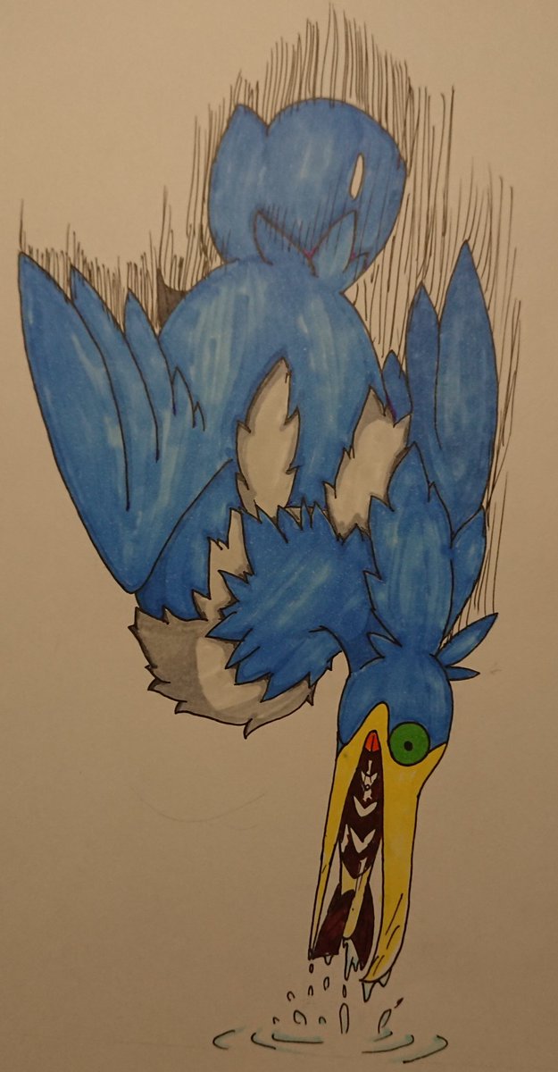 天界の大きな鳥ライン ウッウ描いたー 鵜がモデルだろうからこの獲物の取り方はありえないだろうけど みず ひこうだから大丈夫しょ ウッウ可愛い