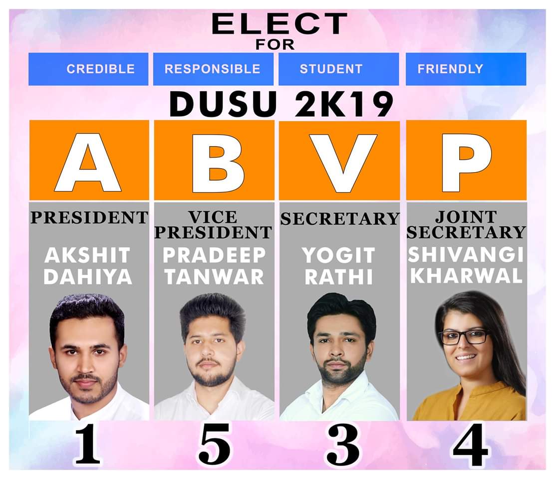 We are glad to announce our candidates who will be the face of @ABVPVoice in Upcoming #DUSUElection
Vote Support & elect Responsible Credible, #StudentFriendly DUSU 
President- Akshit Dahiya
Vice-President- Pradeep Tanwar
Secretary-   Yogit Rathi
Joint-Secretary- Shivangi Kharwal