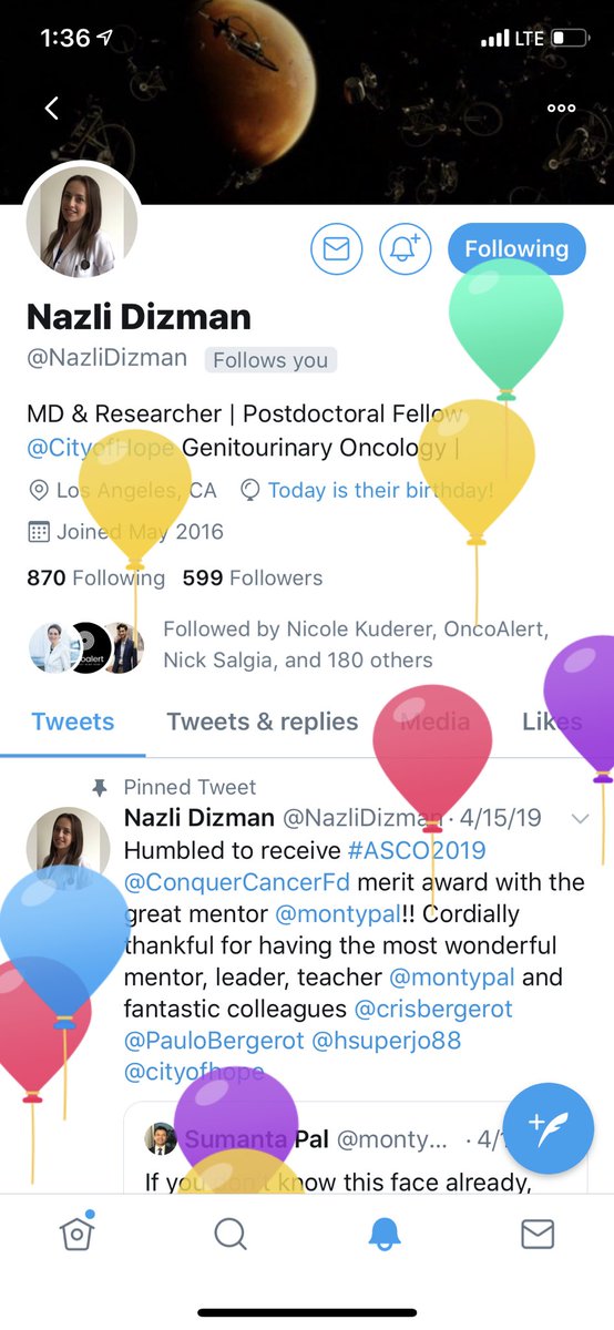 Happy birthday <a href="/NazliDizman/">Nazli Dizman</a> !!! 
You are one of the most brilliant colleagues I ever had! We are so proud of you! 
<a href="/montypal/">Sumanta K. Pal, MD, FASCO</a> <a href="/hsuperjo88/">JoAnn Hsu</a> <a href="/crisbergerot/">Cristiane D Bergerot</a>