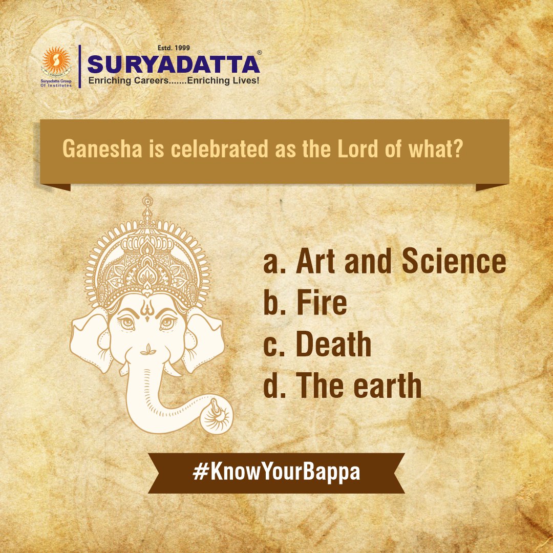 Suryadatta_Pune's tweet photo. What would be the right answer to this question? Choose the correct answer from the options provided and mention in the comment section below using #KnowYourBappa and #SuryadattaGroupofInstitutes.
#GaneshFestival #GanpatiBappa #GanpatiBappaMorya #Ganesha #SGI #FestiveQuiz https://t.co/zIOdDER41W