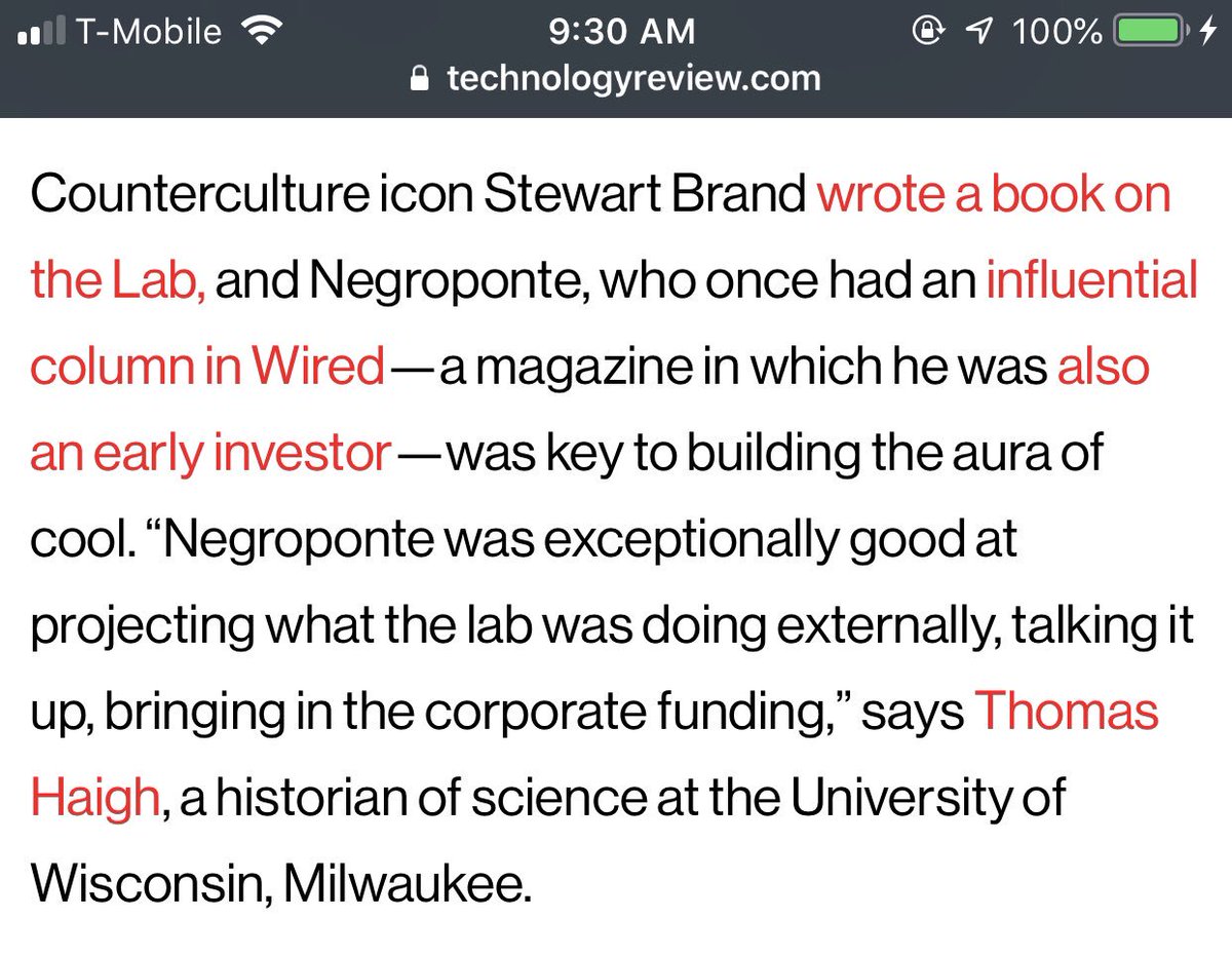 Screenshot of the technology review article that says: “Counterculture icon Stewart Brand wrote a book about the lab, and Negroponte, who once had an influential column in Wired - a magazine in which he was also an early investor - was key to building the aura of cool.”