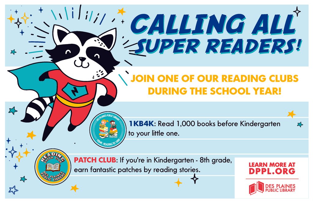 DPPL's tweet image. Be a Super Reader  🤓 Check in or sign up for 1KB4K or Patch Club in September and win great prizes and passes to Ball Factory, Brookfield Zoo and more!  Read 
all about it ▶️ bit.ly/2PS0oE8

#PatchClub #1KB4K