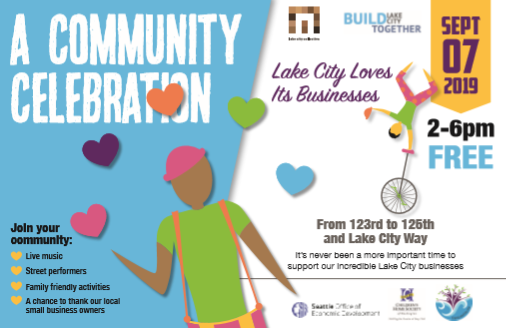 EnjoyLakeCity's tweet photo. "Lake City Loves Its Businesses" community celebration this Saturday from 2pm to 6pm!  Lake City Collective + Build Lake City Together along with Seattle's Office of Economic Development are closing down Lake City Way from 123rd to 125th today - Live Music and Fun - Join Us! https://t.co/ReKblQx1jC