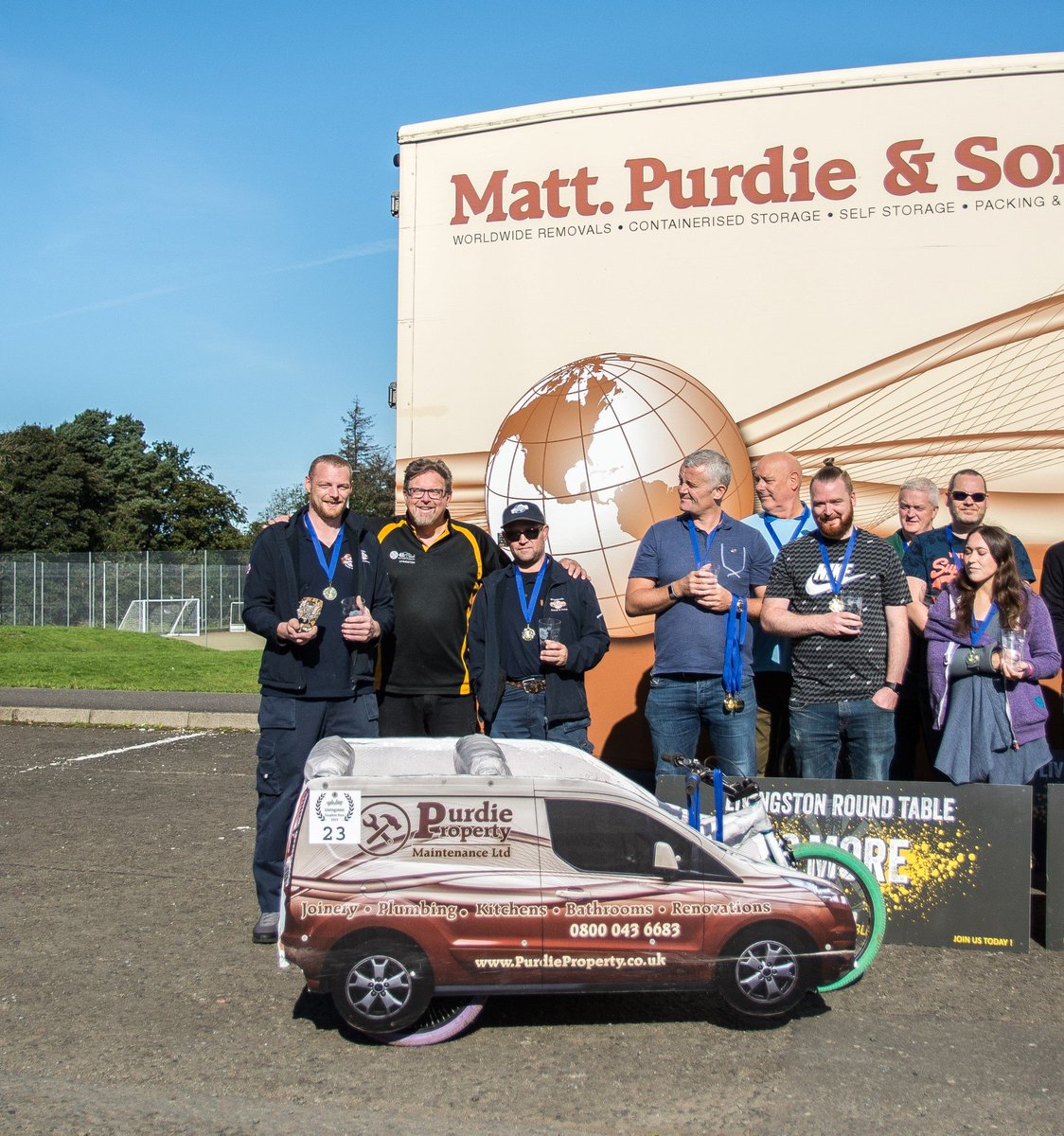 PurdieWorldwide's tweet photo. Little outing today to pick up our trophy for Best Designed Soapbox at the 2019 Livingston Soapbox Race.

Congratulations to all the winners, and to Ian Smith for the organisation, we're already planning for next year!

@ashleyrclark1 @BARremovers @RichardHealey78 - next year? https://t.co/BSHv1Y4zxp
