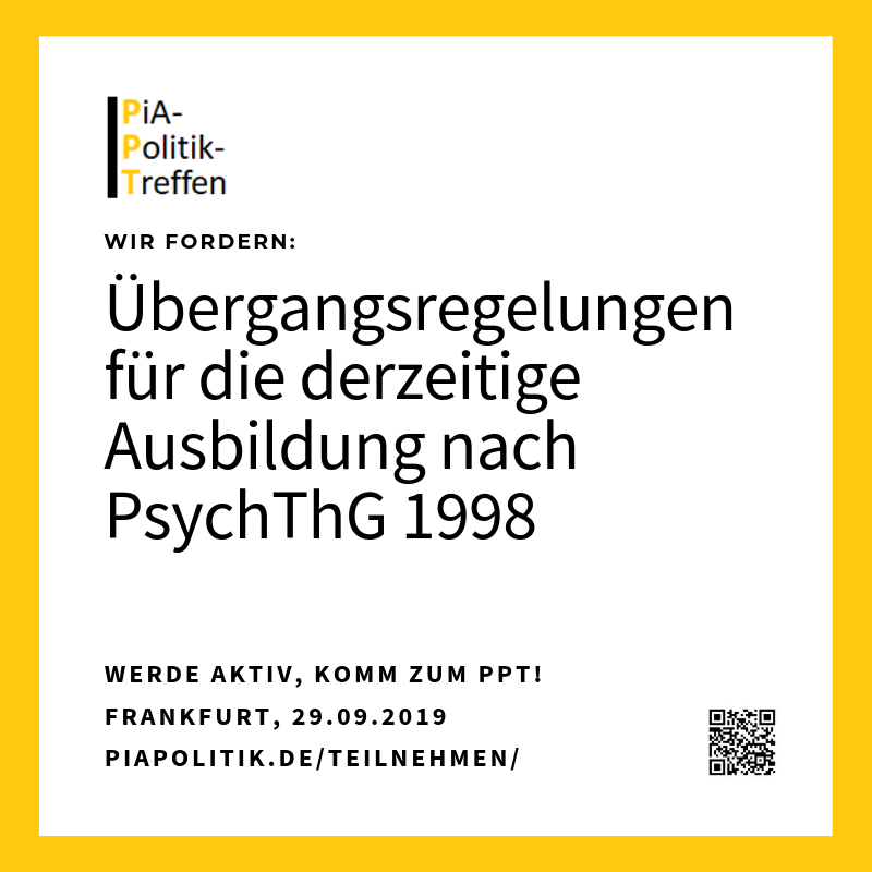 PiaPolitikTreff's tweet photo. Kommt zum PiA-Politik-Treffen #ppt16 am 29.9. in Frankfurt #ffm. Wir begrüßen die Gesetzesform der Psychotherapeutenausbildung ausdrücklich, aber es gibt noch Nachbesserungsbedarf!
https://t.co/MCgJUyUPTB https://t.co/qTwZPxJxuI