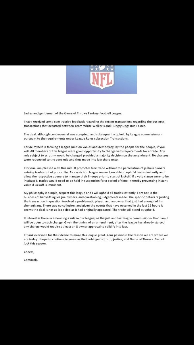 JMFL_Fantasy's tweet photo. BREAKING NEWS: This morning from the League Office. https://t.co/IrARgn3ywj
