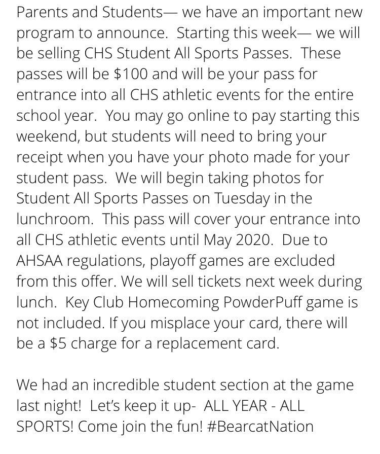 kthall54's tweet photo. CHS Student All Sports Passes go on sale this week.  See details below. @chsuser @CullmanCats @RealCHSFootball @bearcatnewsCHS @cullman_vball @CullmanBaseball @Cullman_Soccer @CullmanWSoccer @CullmanSoftball @BmeyerCoach @JnTripleAs  @CullDistProj @CoachKyleMorris @markstephens22 https://t.co/UewgoZwyjk