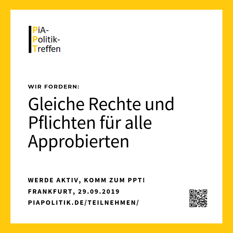 PiaPolitikTreff's tweet photo. Kommt zum PiA-Politik-Treffen #ppt16 am 29.9. in Frankfurt #ffm. Wir begrüßen die Gesetzesform der Psychotherapeutenausbildung ausdrücklich, aber es gibt noch Nachbesserungsbedarf!
https://t.co/yBmuGpbldk https://t.co/NBkJi4N91X