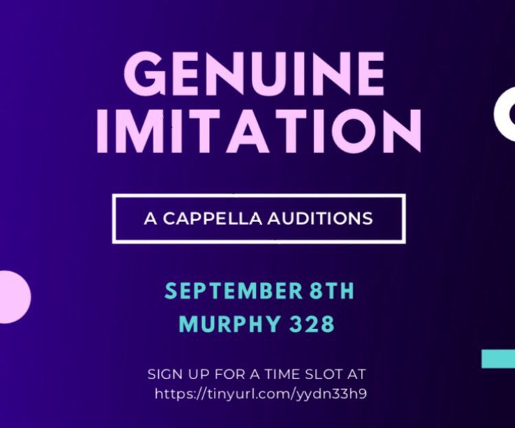 Only ONE MORE DAY until our fall auditions! Prepare one minute of any song and we’ll see you there! (Video auditions sent to genuineimitationacapella@gmail.com are accepted too!)
