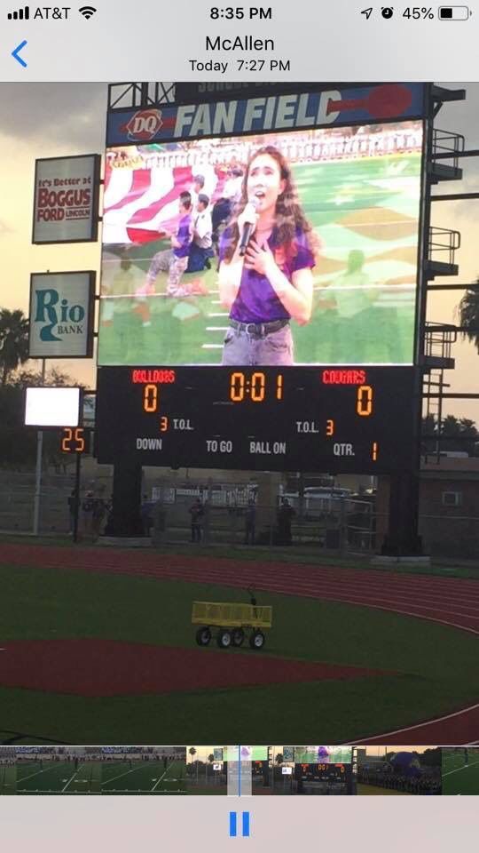 mchichoirprogr1's tweet photo. Congratulations to our Chorale member, Aria Shirah, for singing the National Anthem at the McHi Football Game last night! @McHiPride @McHi_Yearbook @mcallenfinearts #tmea100 #itstartswithmusic #mcallenfinearts #fineartsmcallen #mcallenisd #wearemchi #mchichoir #mchichoirprogram https://t.co/KL6oS6qaFF