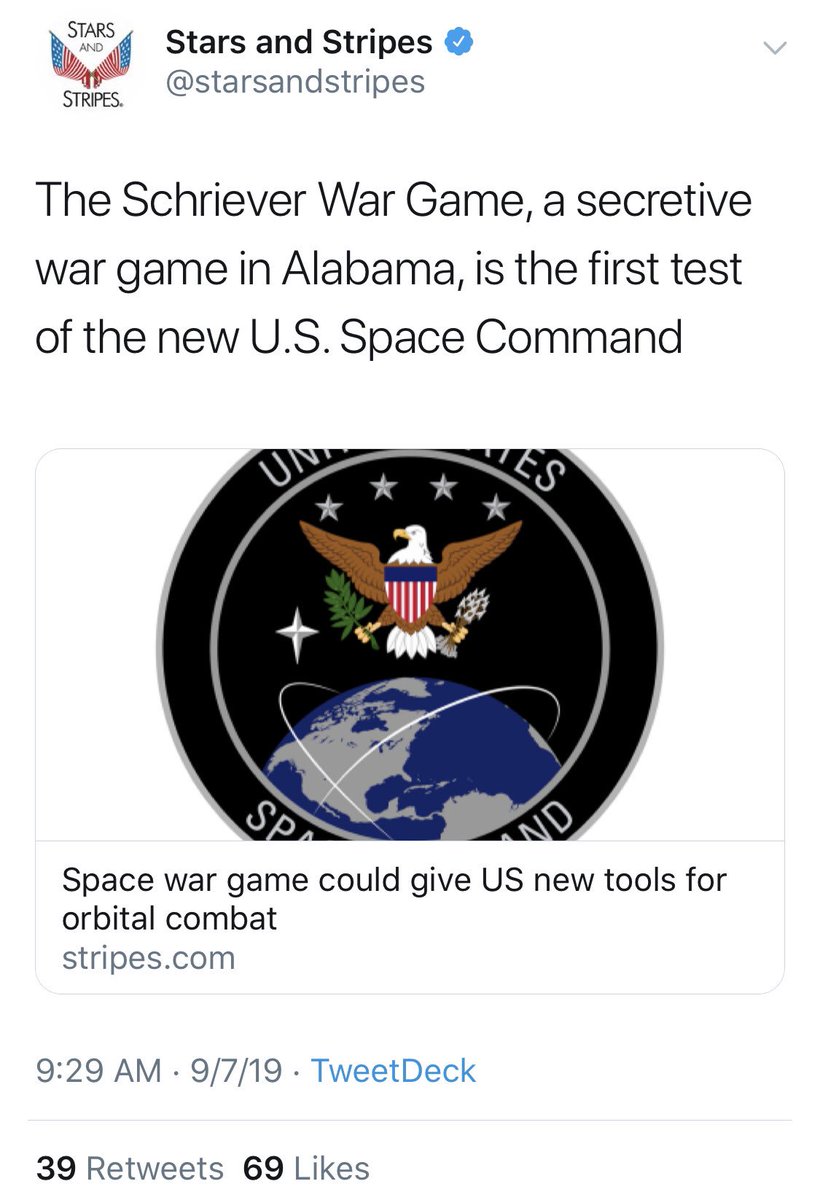 So Why is  @POTUS referring to Alabama and MSM attacking him on this? NRO related? Let’s see. Hat tip @CleopatraRawkA secretive war game that examines combat in space kicked off this week in Alabama.  #nro  https://twitter.com/starsandstripes/status/1170328112032124929?s=21 https://www.stripes.com/news/us/space-war-game-could-give-us-new-tools-for-orbital-combat-1.597787