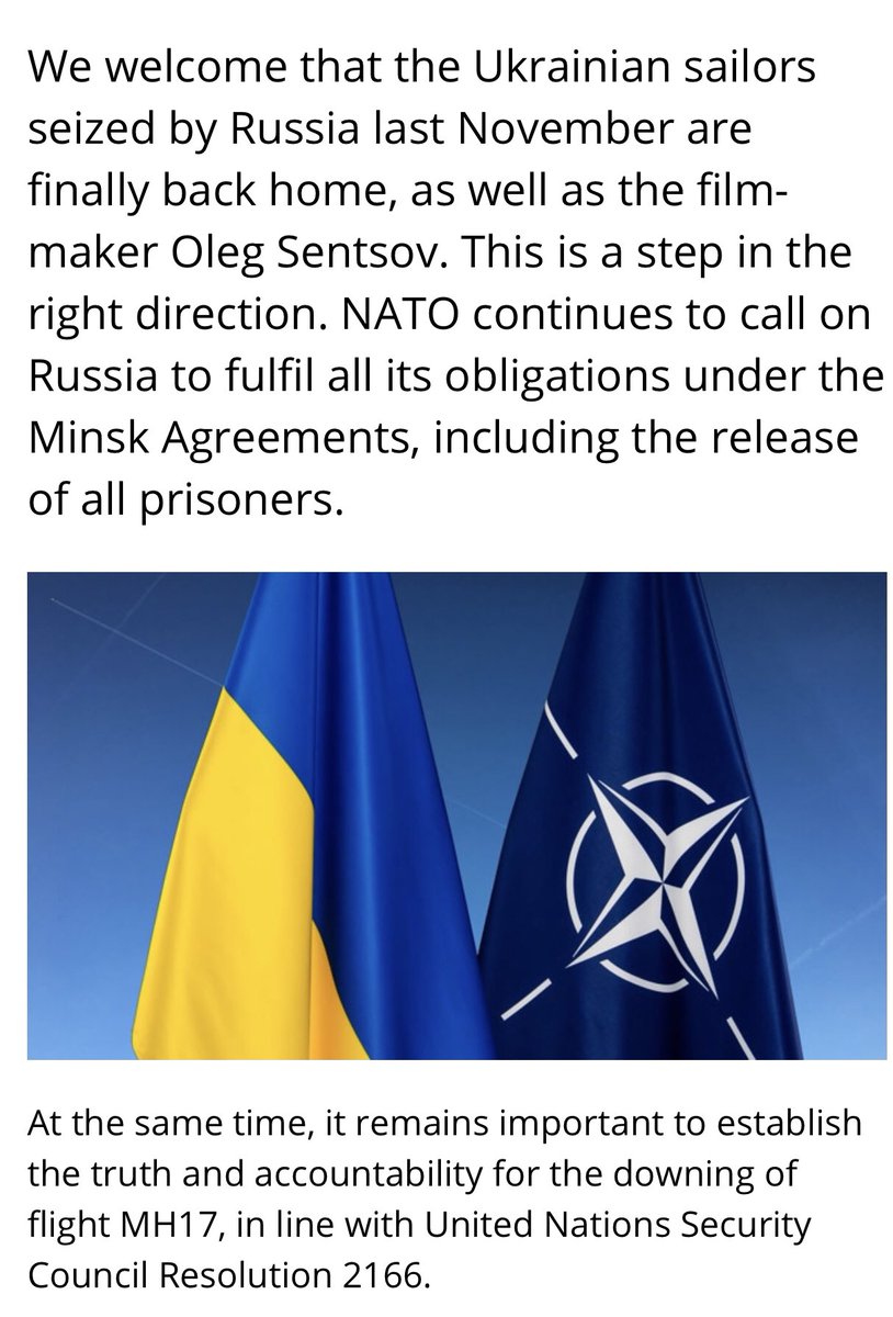 PLinNATO's tweet image. Timely statement by @NATOpress: &quot;We welcome that the #Ukrainian🇺🇦 sailors seized by #Russia🇷🇺 last November are finally back home, as well as film-maker #OlegSentsov.&quot; Full statement 👇
