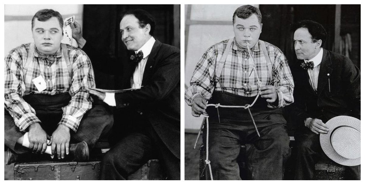 SilentRevue's tweet photo. Harry Houdini visits Roscoe Arbuckle on the set of #Backstage, released 100 years ago today. #silentshort
#releasedonthisdate https://t.co/B7MisuSKJs