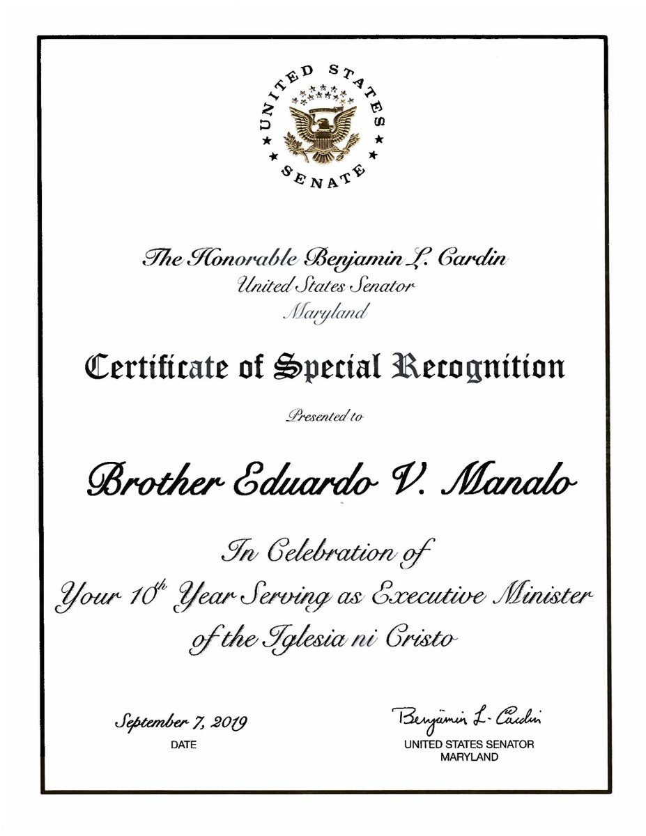 EagleNewsUSA's tweet photo. U.S. Senator Benjamin Cardin celebrates Brother Eduardo V. Manalo's 10th year as the Executive Minister of the Iglesia Ni Cristo.
#INCGiveGodGlory #EVM10Years #eaglenews https://t.co/Gv6eH9mzHY